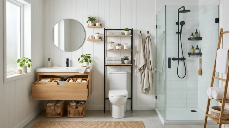 Neatly organized small bathroom with practical storage ideas and clutter-free surfaces.
