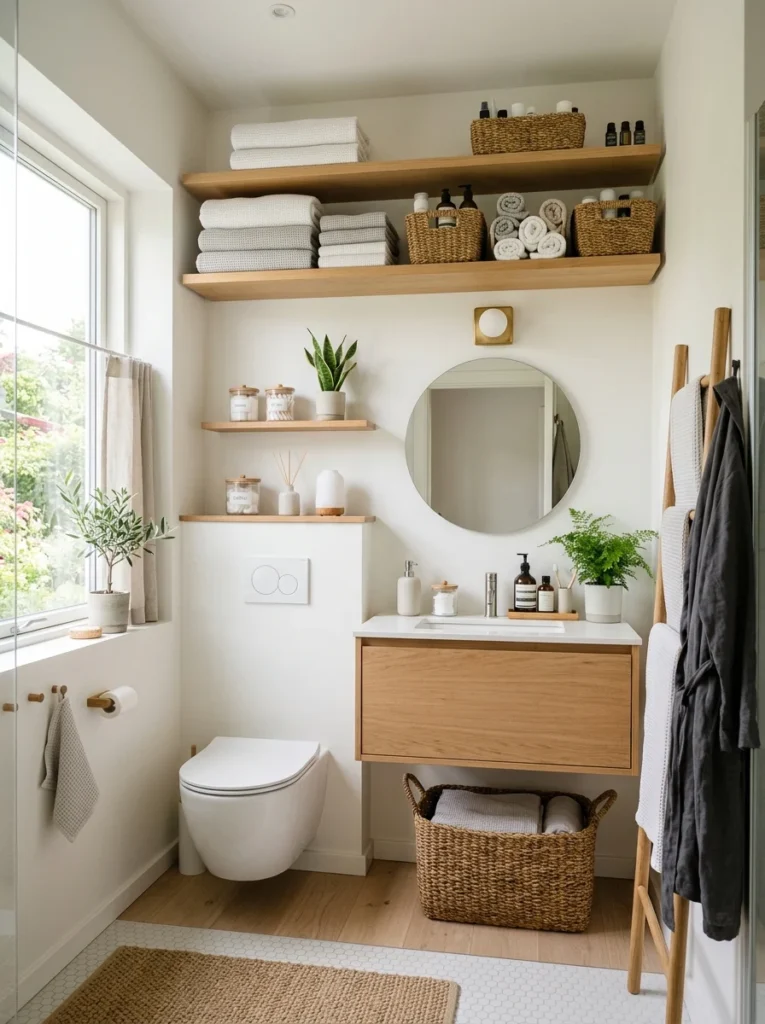Beautifully organized small bathroom using practical storage systems for everyday use.