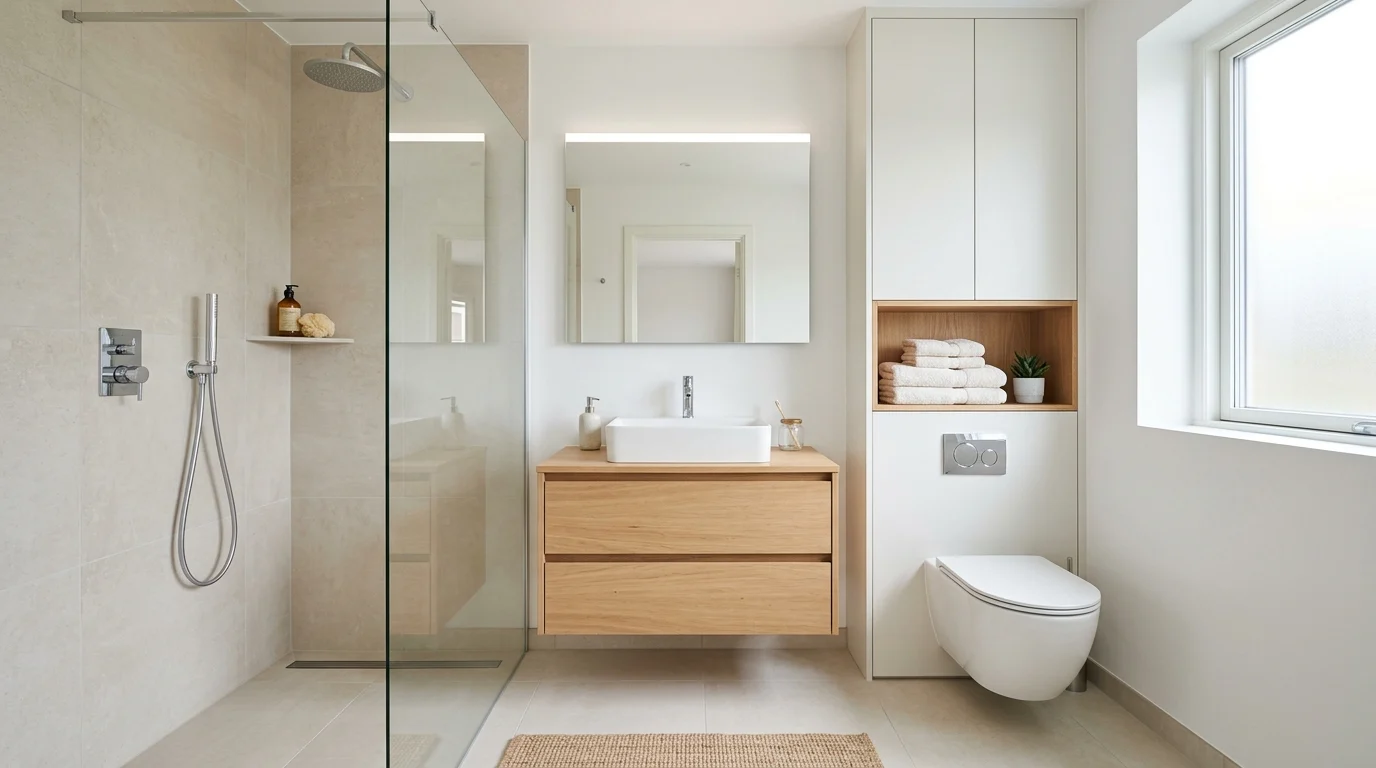 Modern small bathroom with floating vanity, walk-in shower, large mirror, and light tiles creating a spacious feel.