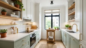 Modern small kitchen featuring smart space-saving layout with ceiling-height cabinets, rolling cart, and bright minimalist design.
