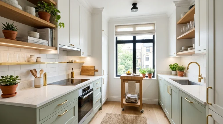 Modern small kitchen featuring smart space-saving layout with ceiling-height cabinets, rolling cart, and bright minimalist design.