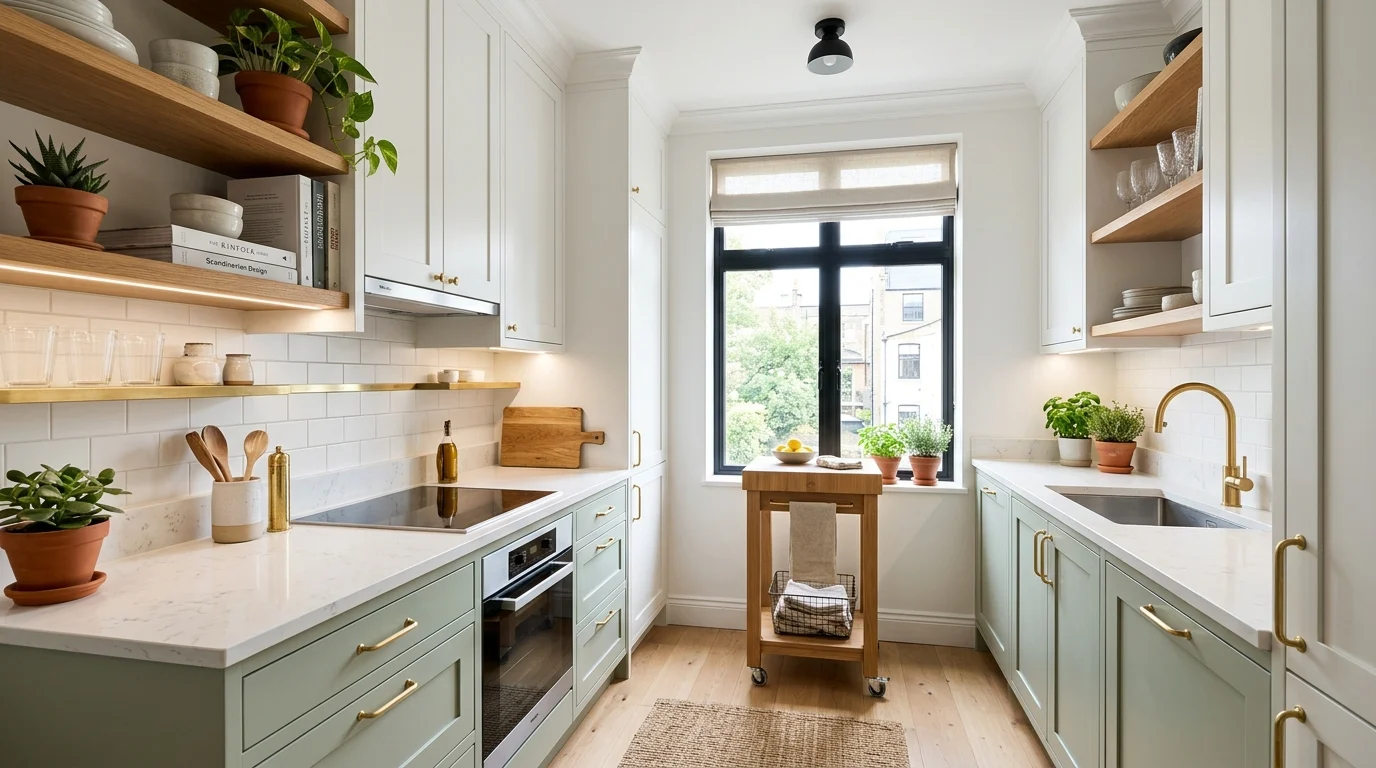 Modern small kitchen featuring smart space-saving layout with ceiling-height cabinets, rolling cart, and bright minimalist design.