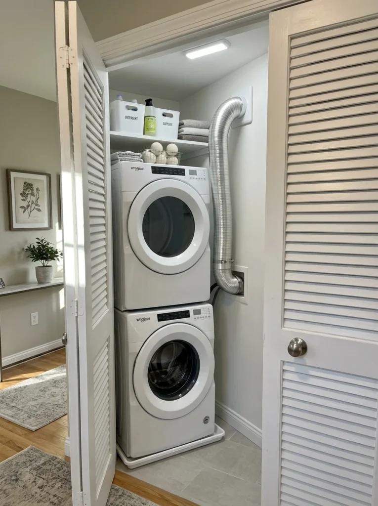 Proper ventilation inside a compact laundry closet.