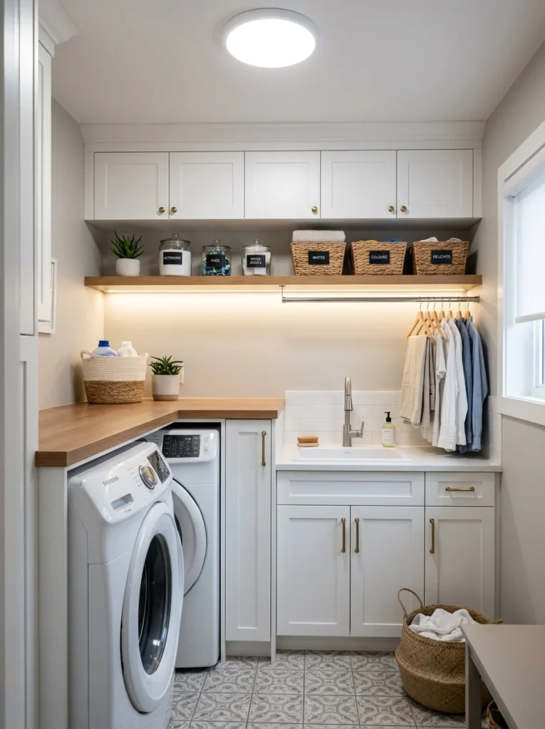Well-lit small laundry room with LED lighting.