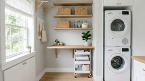 Modern small laundry room with stacked washer and dryer, floating shelves, and smart storage solutions.