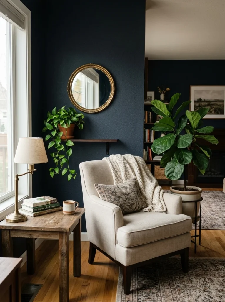 Small mirror reflecting daylight into a dark corner of a living room.