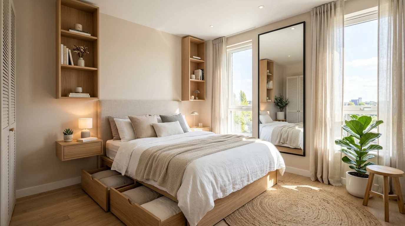 Modern small bedroom with smart storage solutions, floating furniture, and light neutral decor for maximizing limited space.