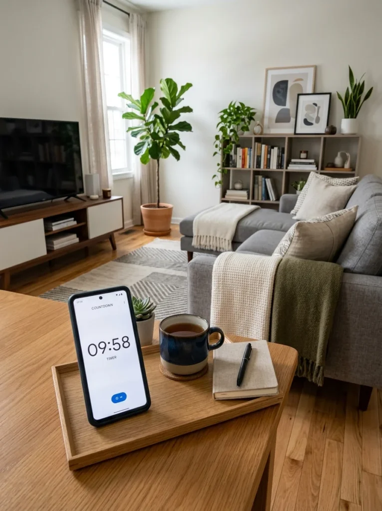 Smartphone timer helping keep a daily home reset short and manageable.