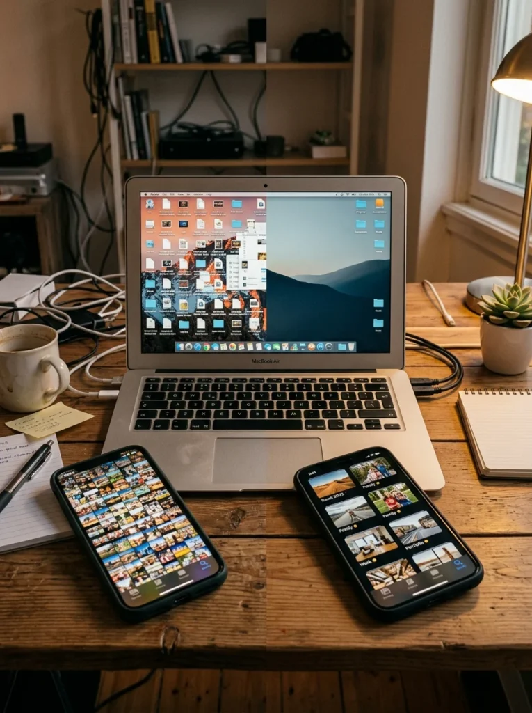 Comparison showing a cluttered digital workspace transformed into an organized file and photo system.