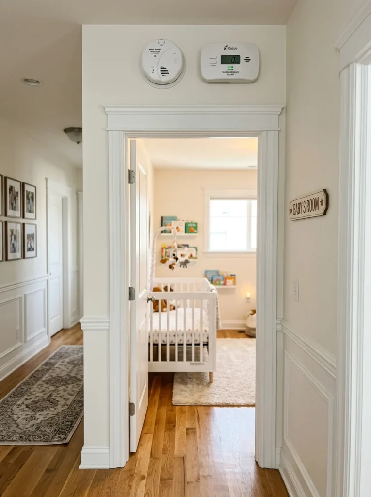 Smoke detector and carbon monoxide detector installed near a nursery.