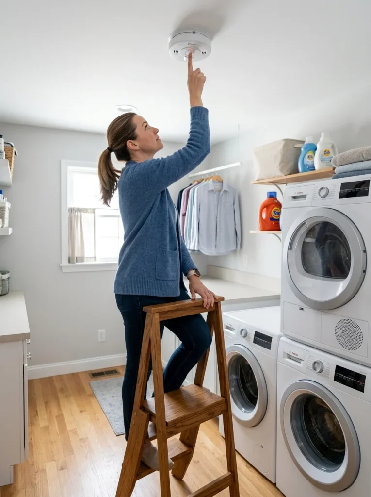 Testing a smoke detector installed near a laundry room.