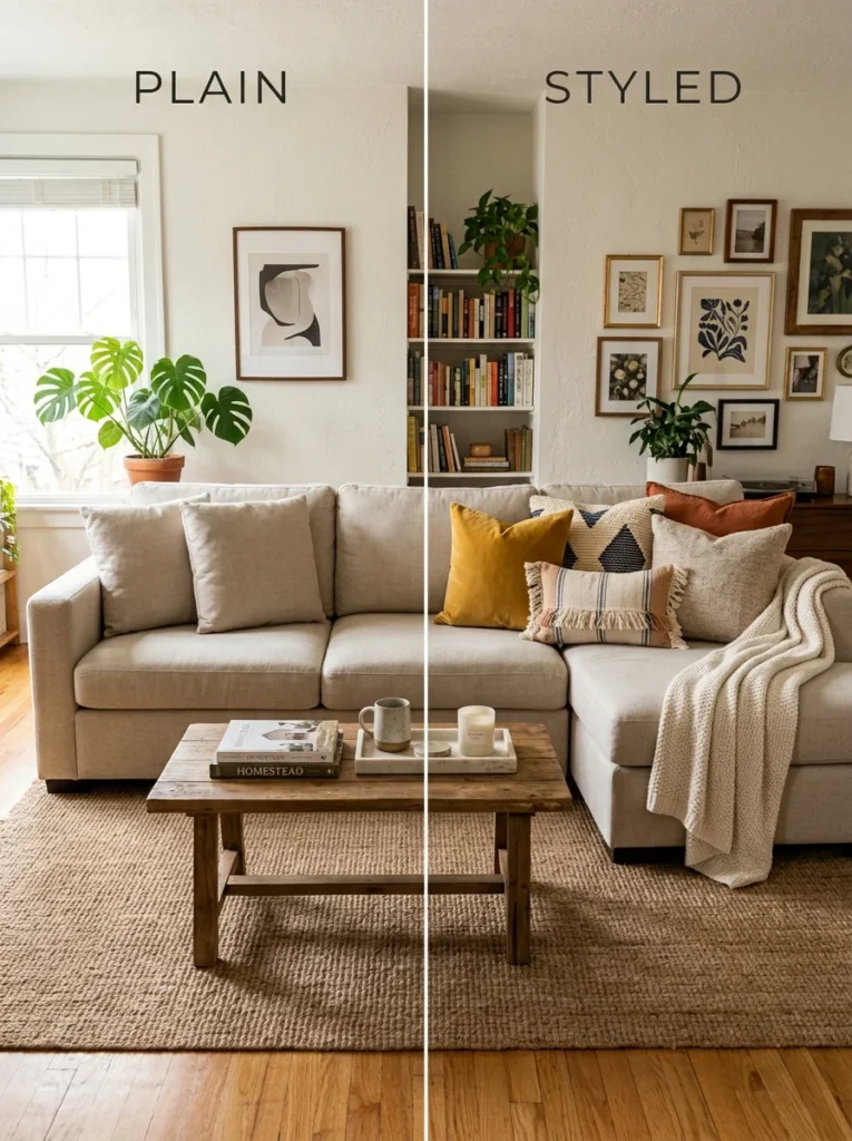 Before and after styling showing how decorative throw pillows elevate a simple sofa.