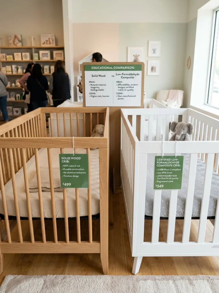 Comparison between solid wood and certified composite nursery furniture.