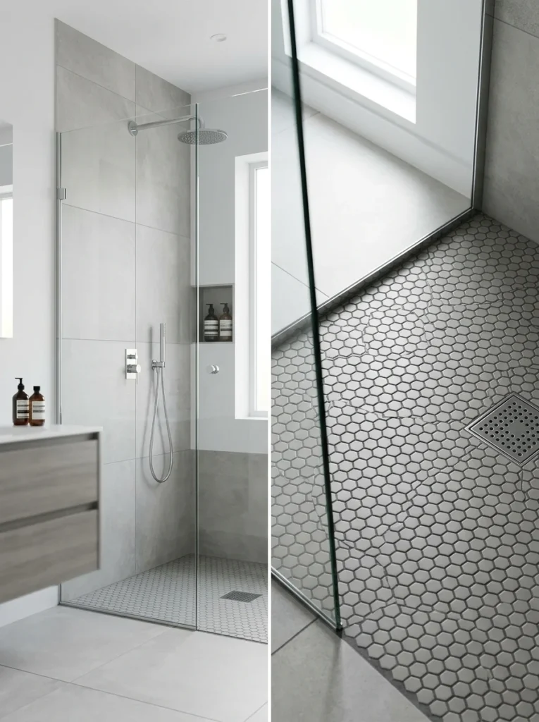 Comparison between large-format and mosaic bathroom tiles.