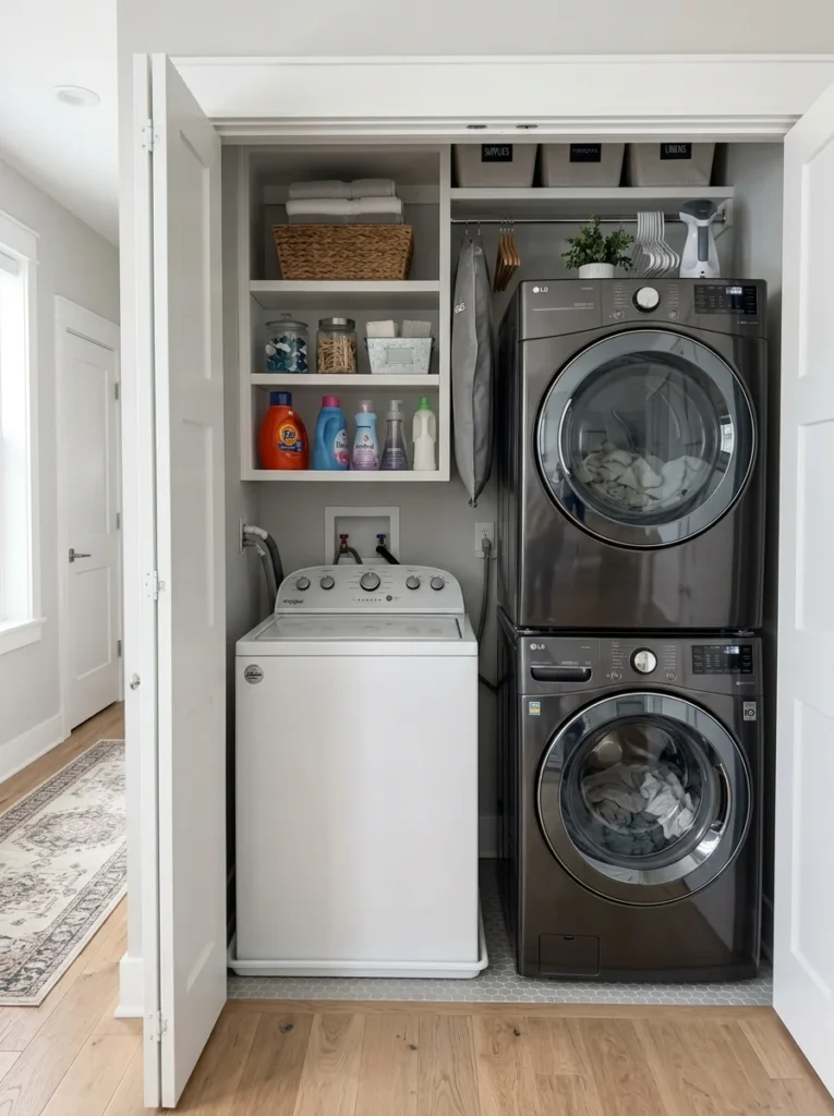 Stacked front-load washer and dryer saving space in a small laundry room.