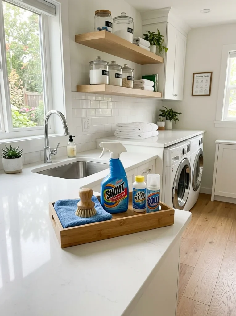 Dedicated stain removal area with organized cleaning supplies near the washer.