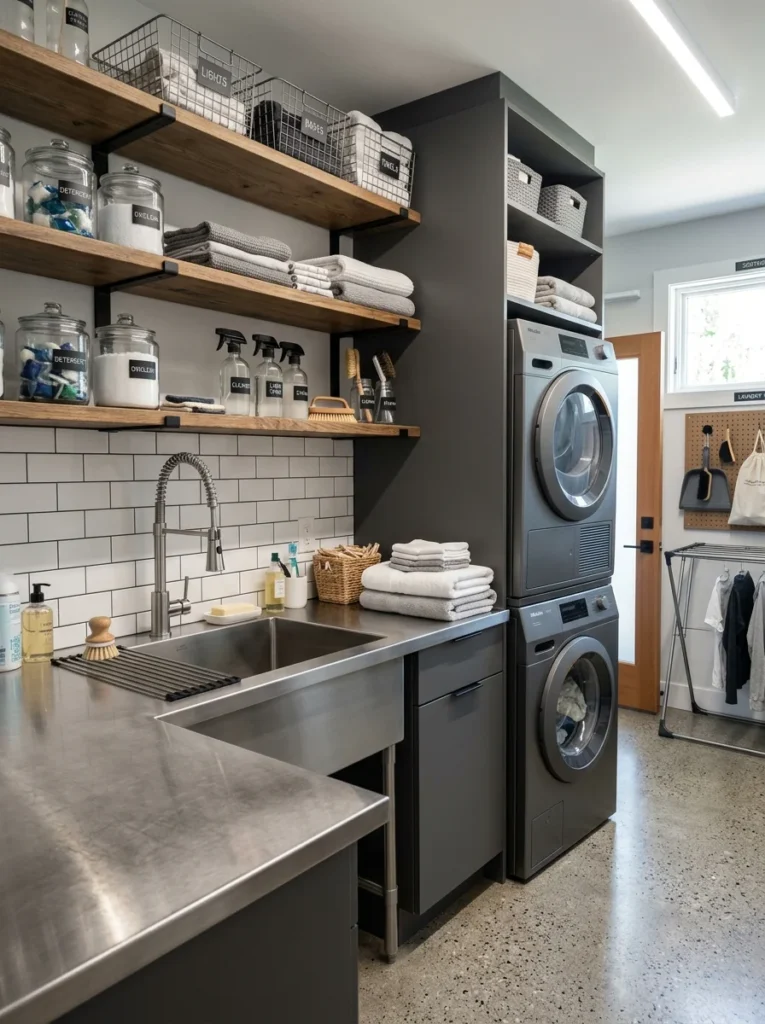 Stainless steel countertop designed for a practical laundry room.