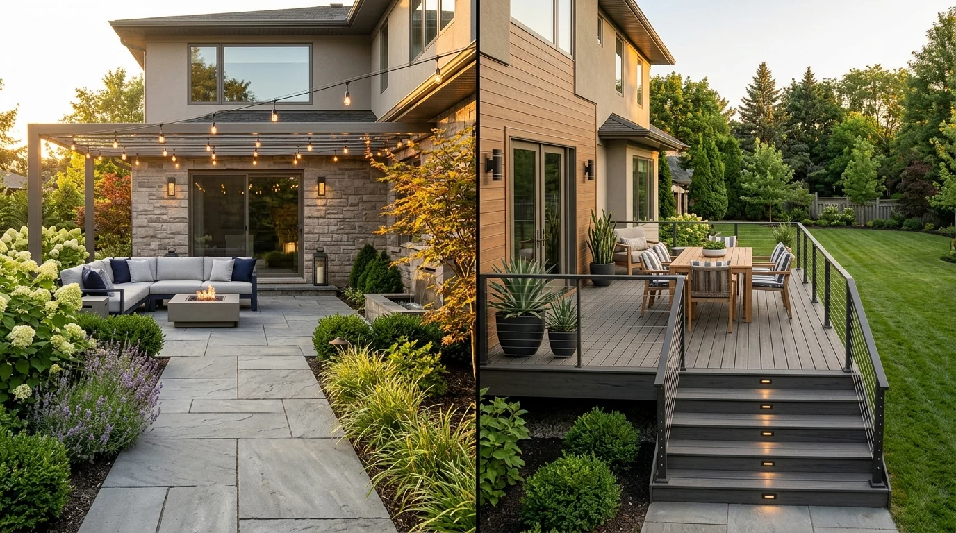 Modern side-by-side comparison of a stone patio and elevated composite deck in a landscaped backyard.