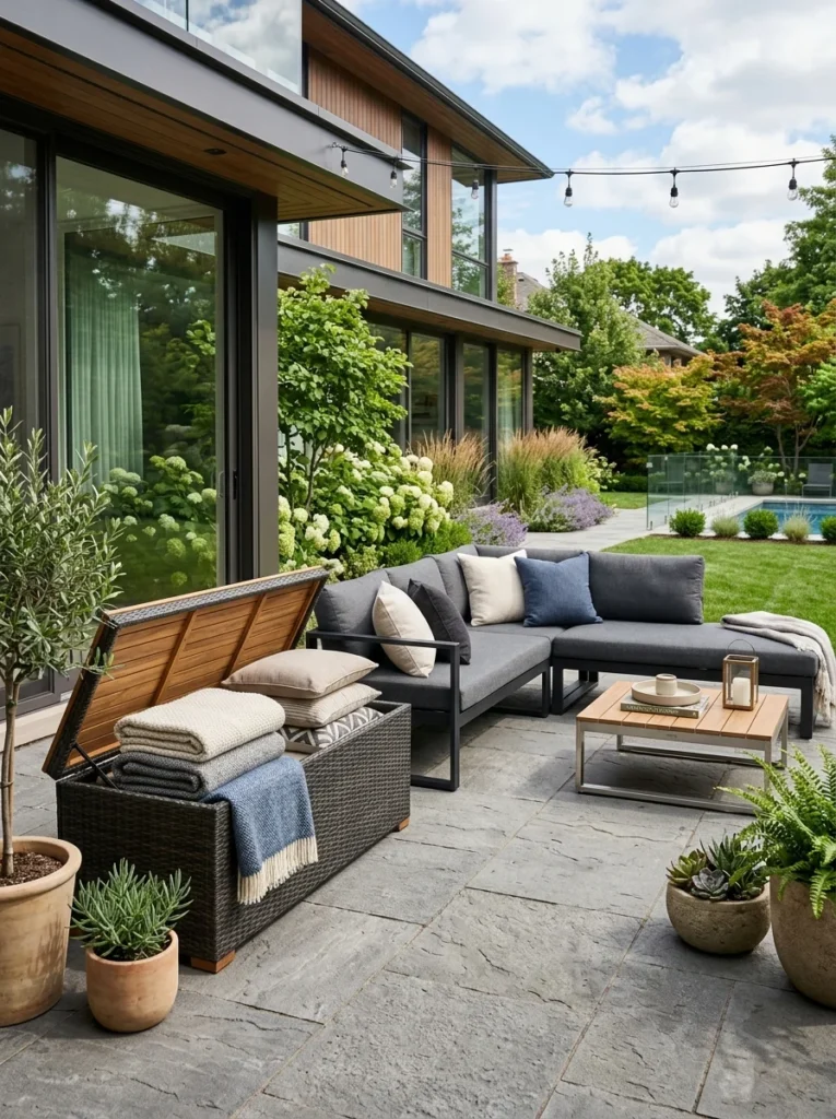 Weatherproof outdoor storage bench keeping cushions and blankets protected.