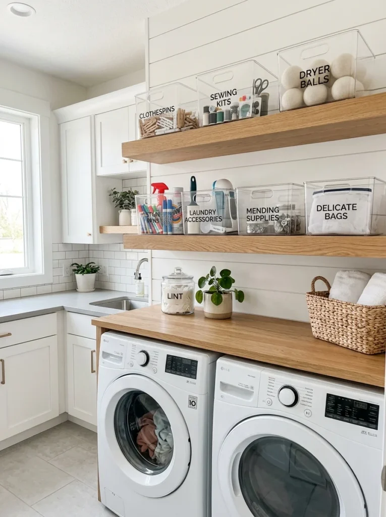 Clear labeled storage containers organizing small laundry items.