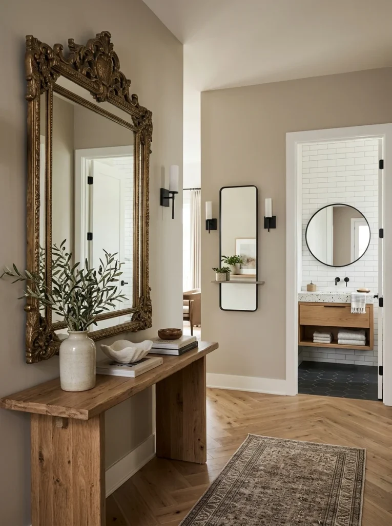 Mixing statement and minimalist mirrors throughout a home.