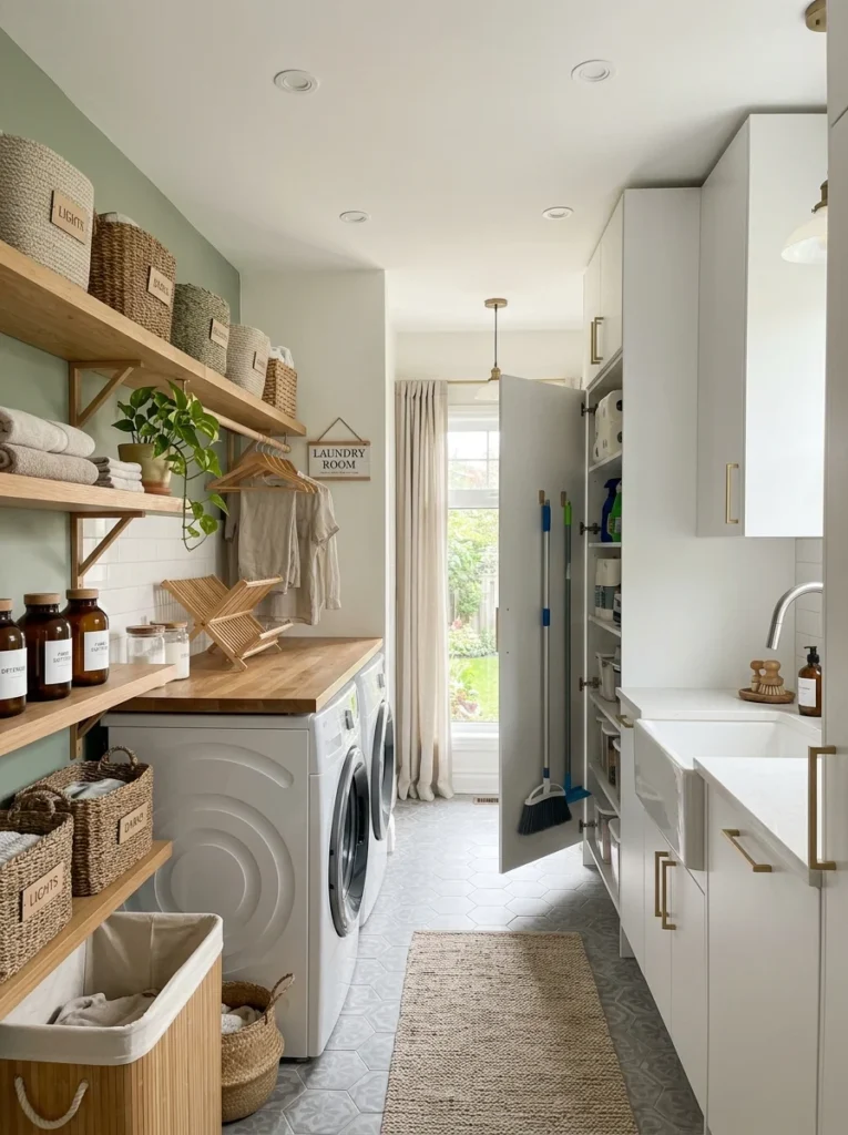 Combination of open shelving and cabinets in a laundry room.