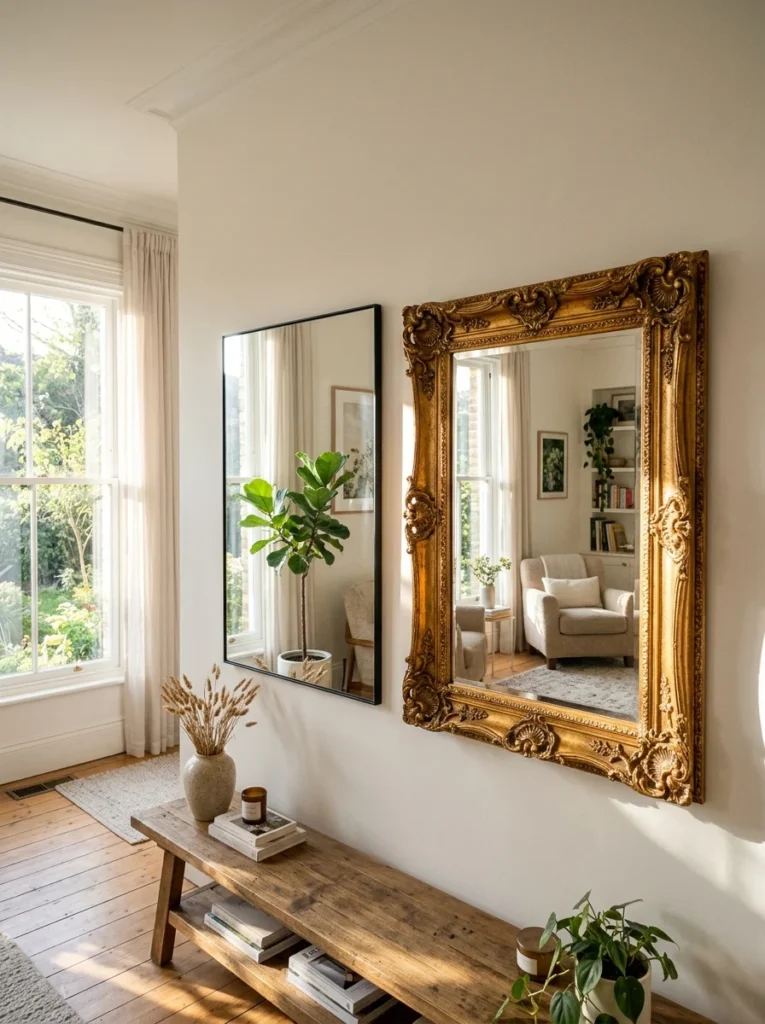 Comparing mirror frame impact on light reflection.