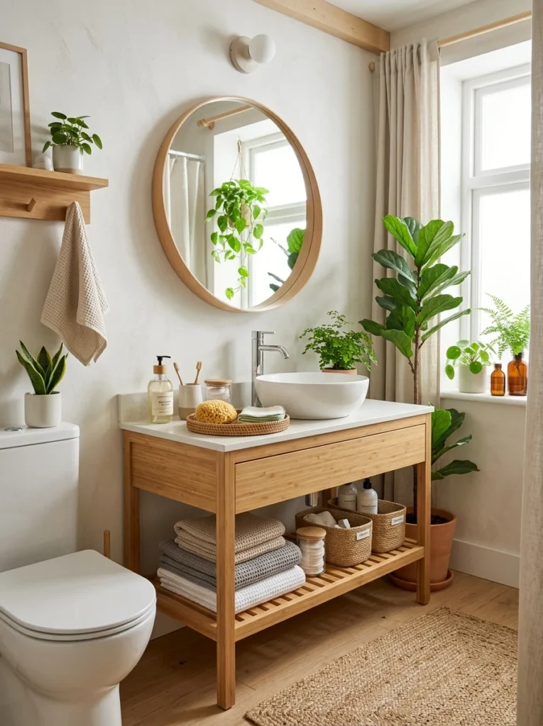 Bright sustainable bathroom with reusable accessories, water-saving fixtures, and natural eco-friendly decor.