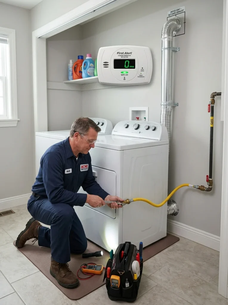Technician inspecting a gas dryer and carbon monoxide detector.