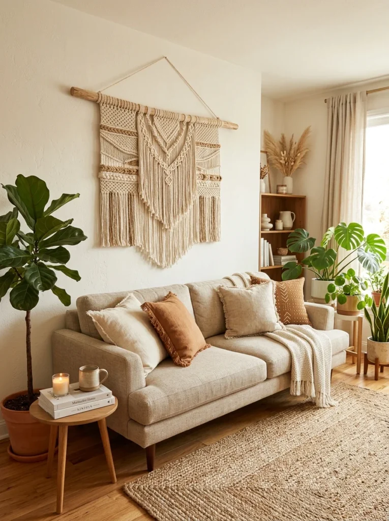 Woven wall hanging creating stylish affordable wall décor