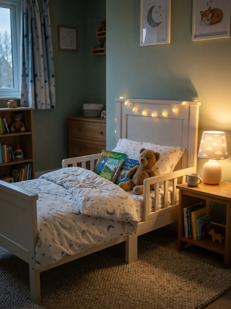 Comfortable toddler bedroom prepared for a consistent bedtime routine.