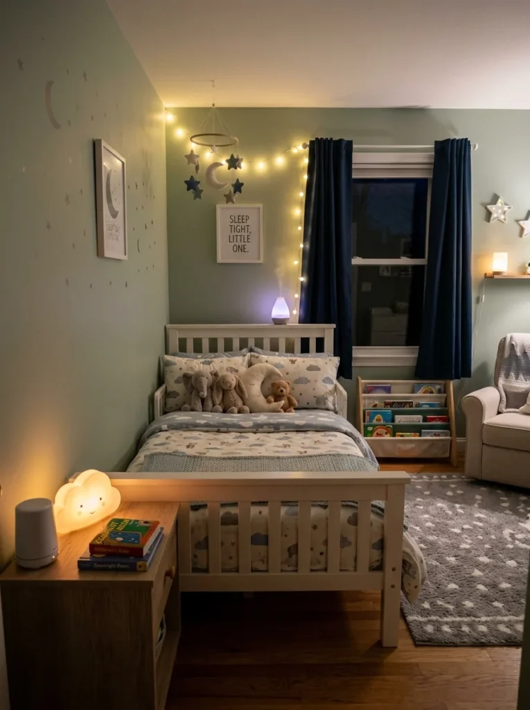 Comfortable toddler bedroom supporting sleep during the room transition.