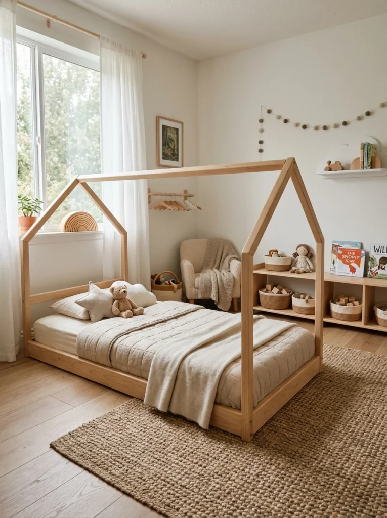Low Montessori floor bed helping a toddler safely climb in and out independently.