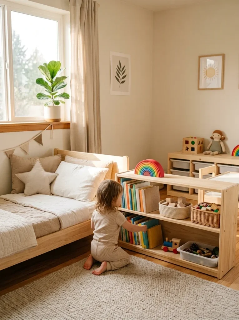 Calm Montessori-inspired toddler bedroom designed to encourage independence and exploration.