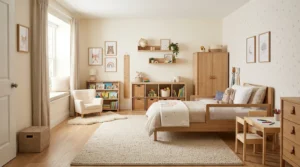 Modern toddler bedroom showing a successful nursery to toddler room transition with child-friendly furniture and storage.