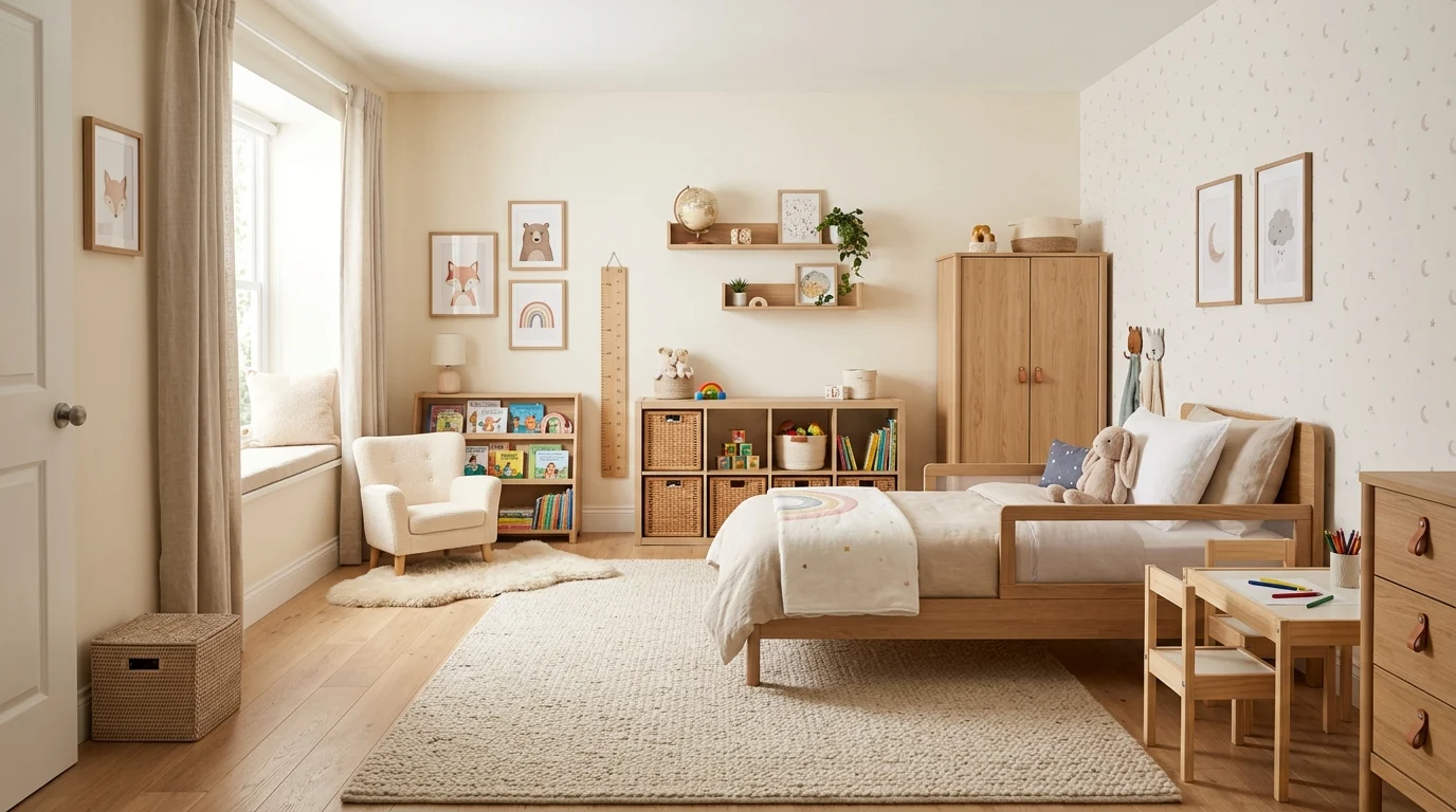 Modern toddler bedroom showing a successful nursery to toddler room transition with child-friendly furniture and storage.