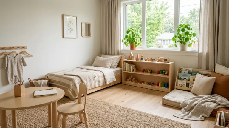 Modern Montessori-inspired toddler bedroom with a floor bed, low shelves, reading nook, and natural wood furniture.