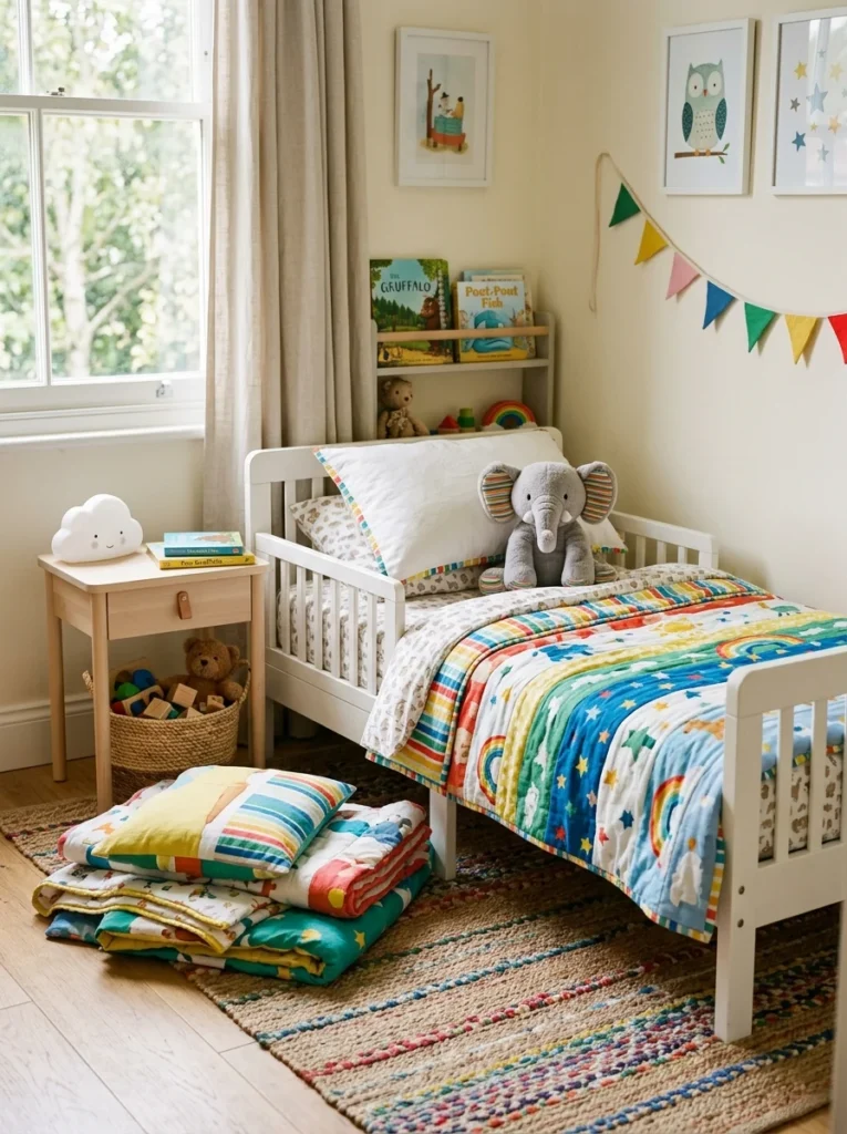 Toddler choosing bedding during a nursery to toddler room makeover.