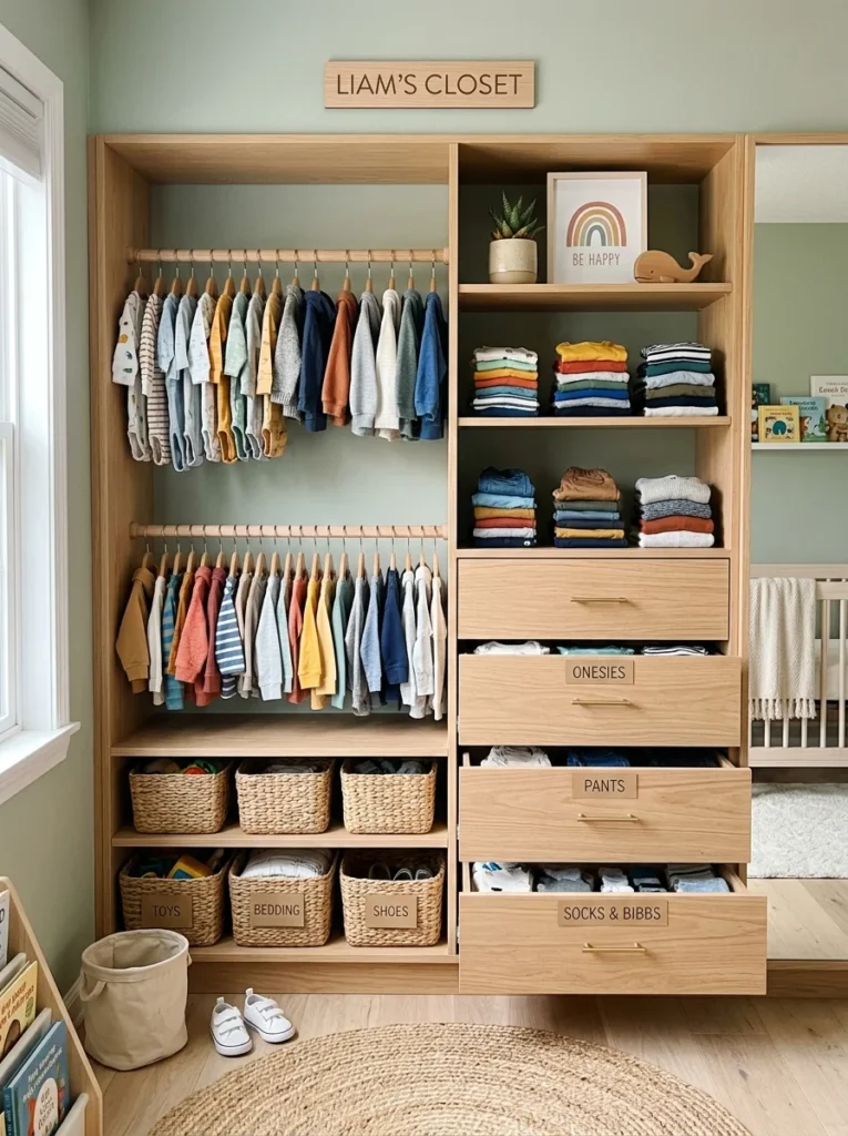 Toddler wardrobe organized with accessible clothing and storage solutions.