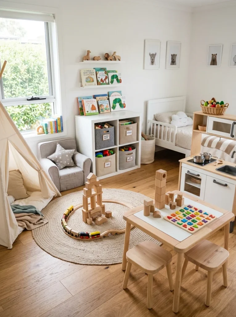 Toddler bedroom featuring educational toys and organized play storage