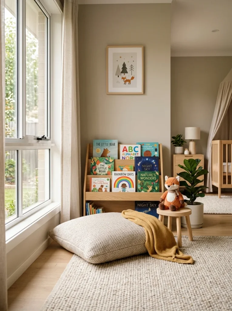 A cozy toddler reading corner with a floor cushion and child-friendly bookshelf in a modern nursery transition room.