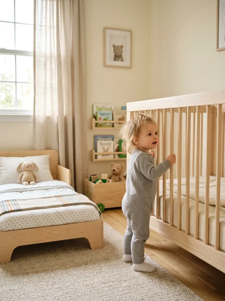Toddler showing signs of readiness for transitioning from a crib to a toddler bed.