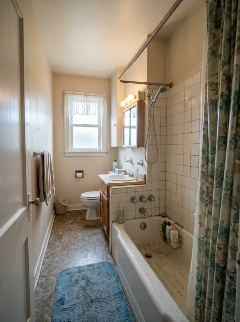 Older bathtub with shower curtain showing accessibility and style limitations.