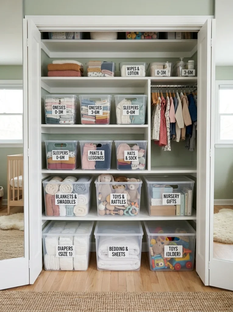 Transparent bins organizing baby hand-me-downs and gifted baby item