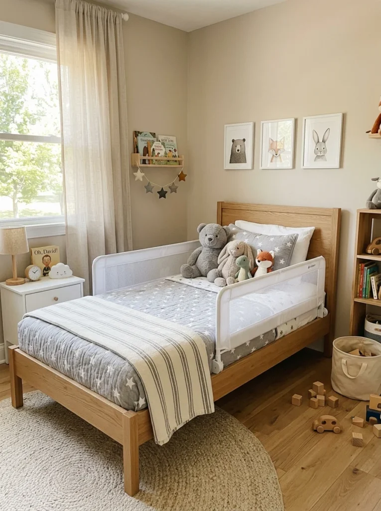 Twin bed with safety rails installed for a toddler transitioning from a crib.