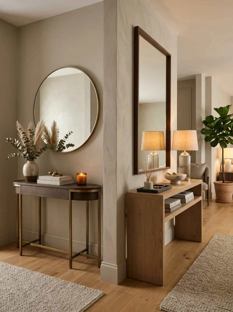 Round and rectangular mirrors styled above matching console tables.