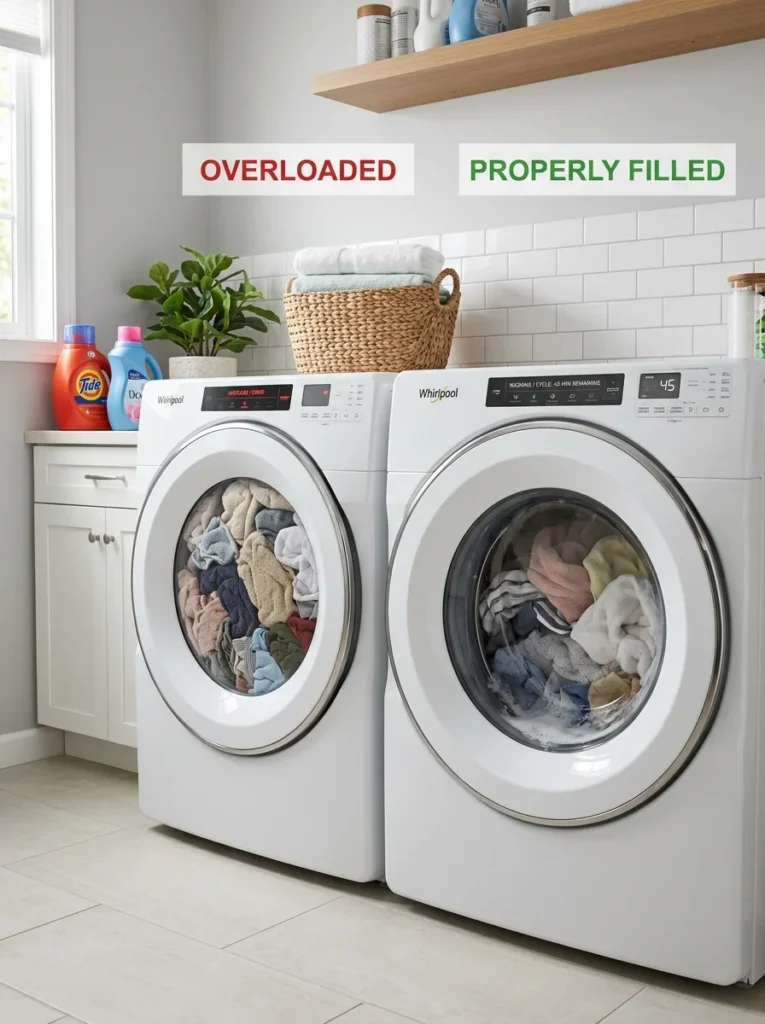Properly loaded washing machine beside an overloaded washer for comparison.