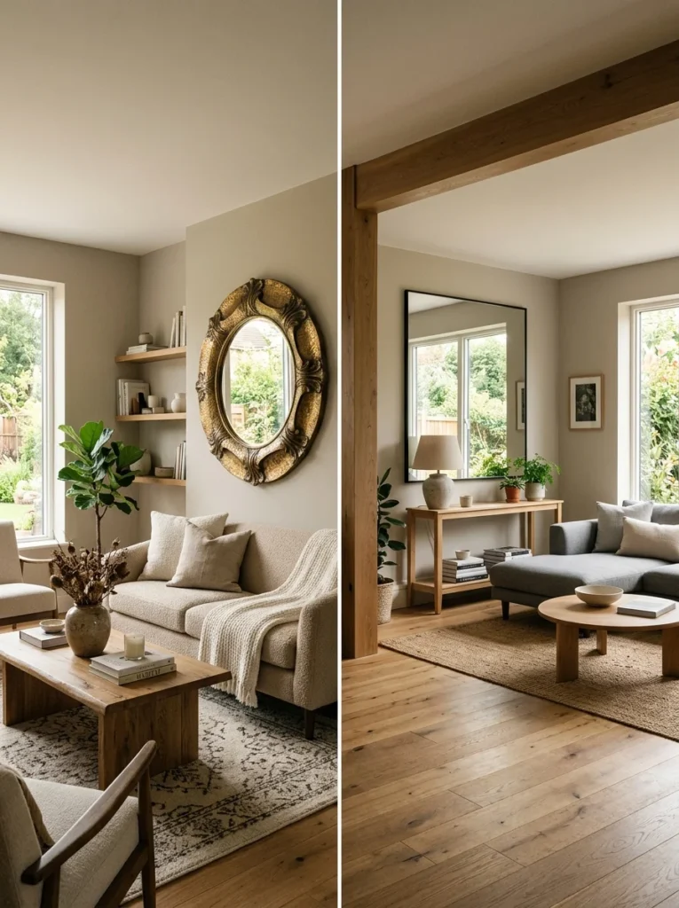 Comparison of statement and minimalist mirrors in modern living rooms.