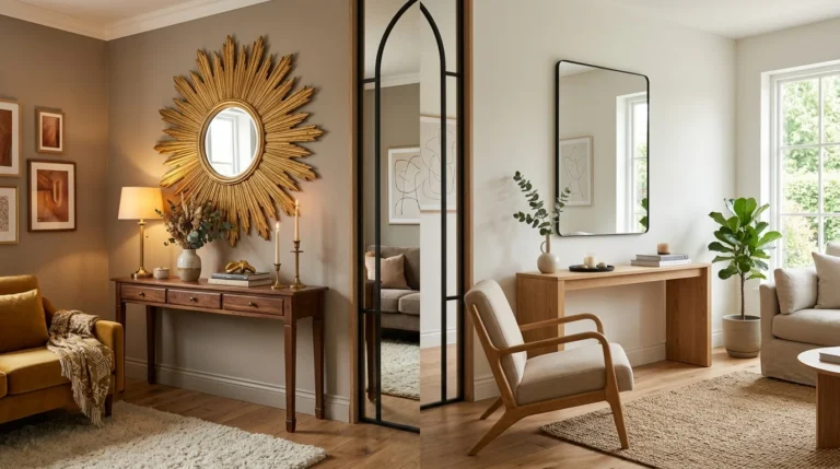 Statement mirror vs minimalist framed mirror in two modern living room styles.
