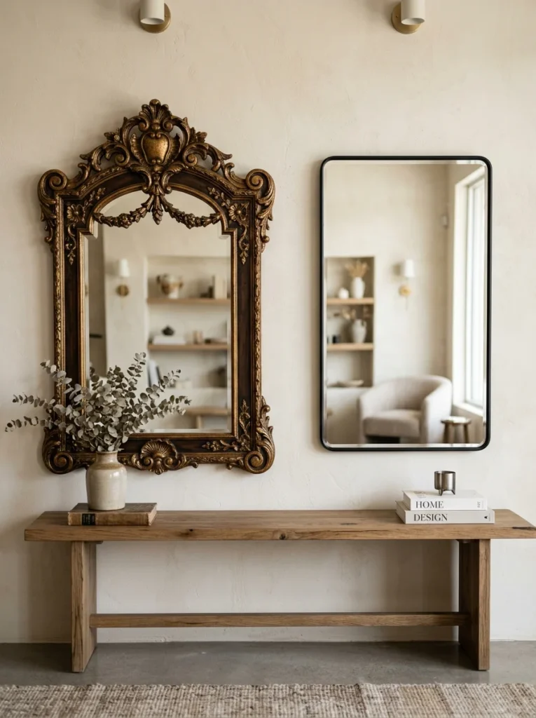 Budget-friendly minimalist mirror beside an expensive statement mirror.